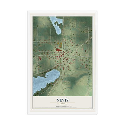 Map of Nevis, Minnesota, 12 x 18 inch print in a white wood frame