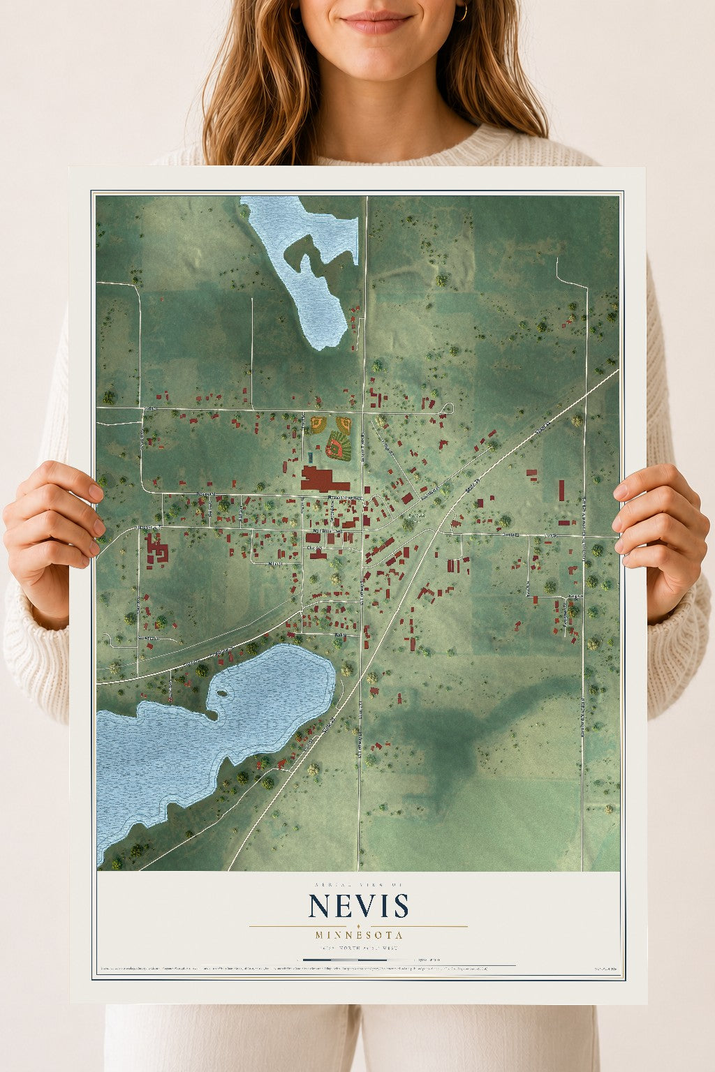 Map of Nevis, Minnesota, 18 x 24 inch unframed archival matte print