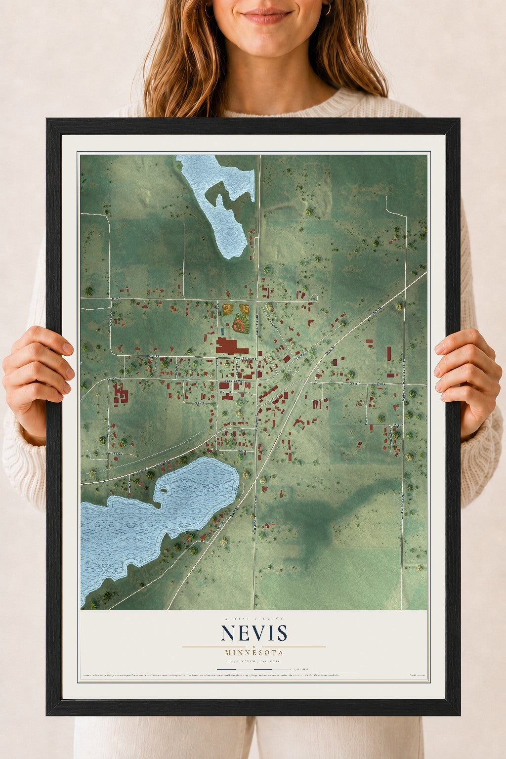 Map of Nevis, Minnesota, 18 x 24 inch print in a black wood frame