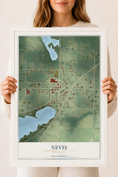 Map of Nevis, Minnesota, 18 x 24 inch print in a white wood frame