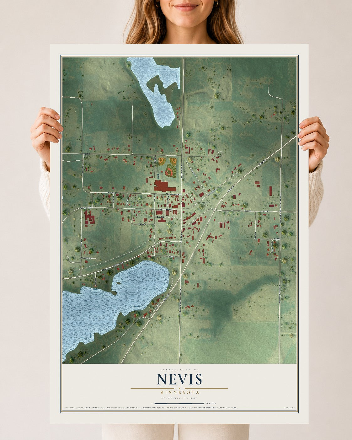 Map of Nevis, Minnesota, 24 x 36 inch unframed archival matte print
