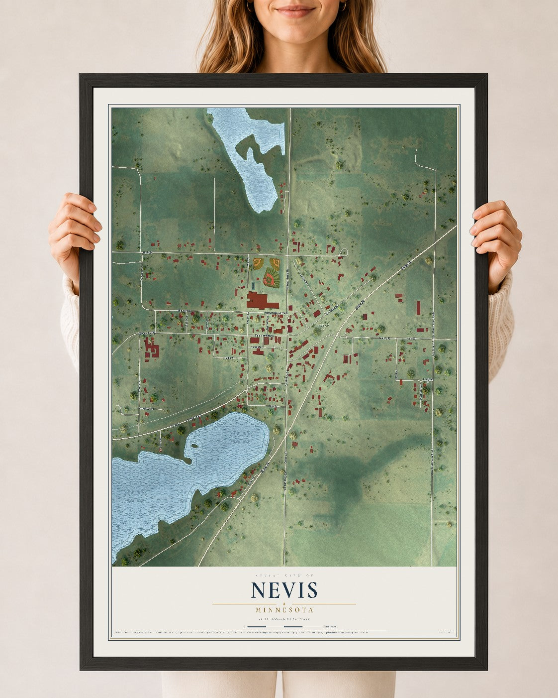 Map of Nevis, Minnesota, 24 x 36 inch print in a black wood frame