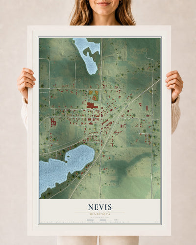 Map of Nevis, Minnesota, 24 x 36 inch print in a white wood frame