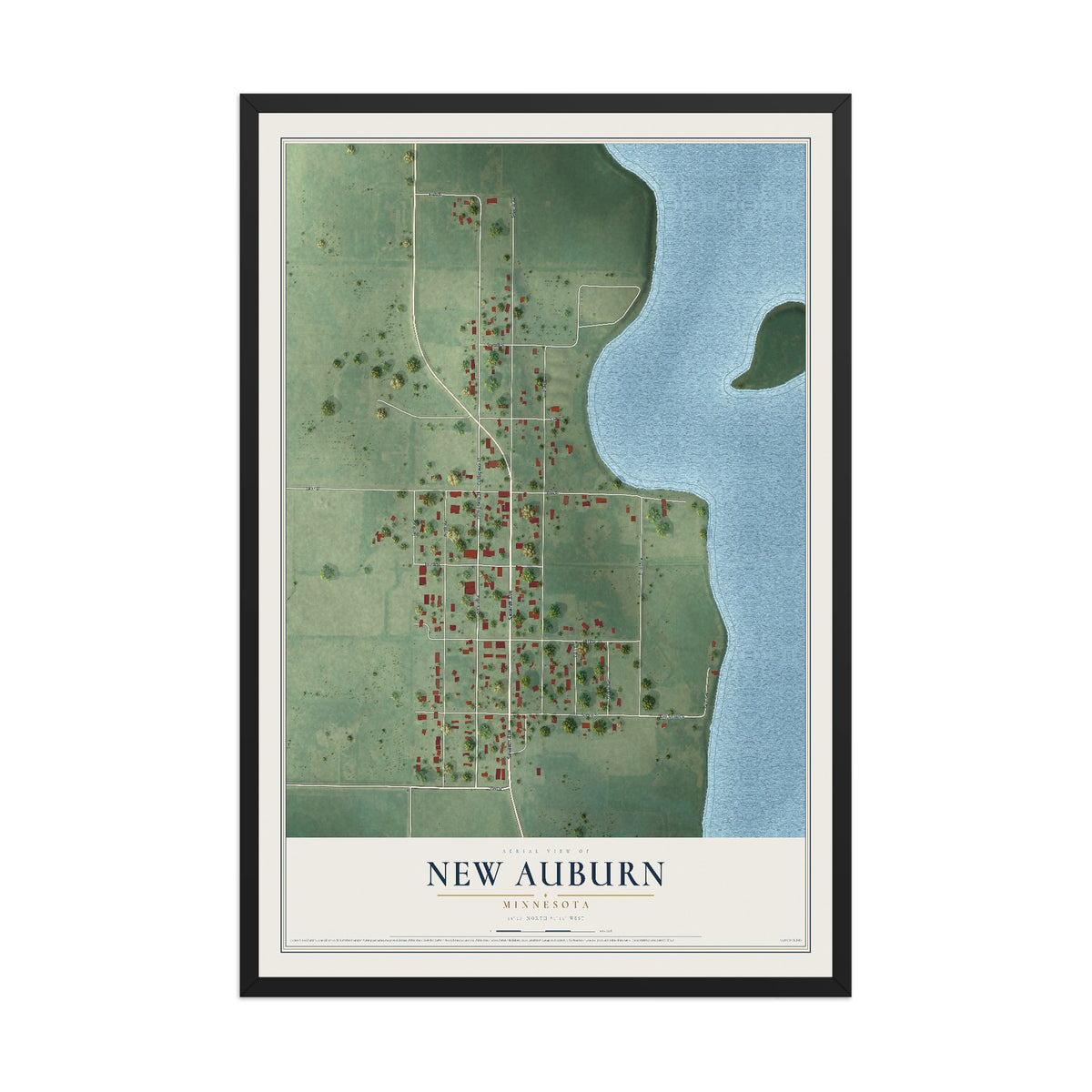 Map of New Auburn, Minnesota, 12 x 18 inch print in a black wood frame