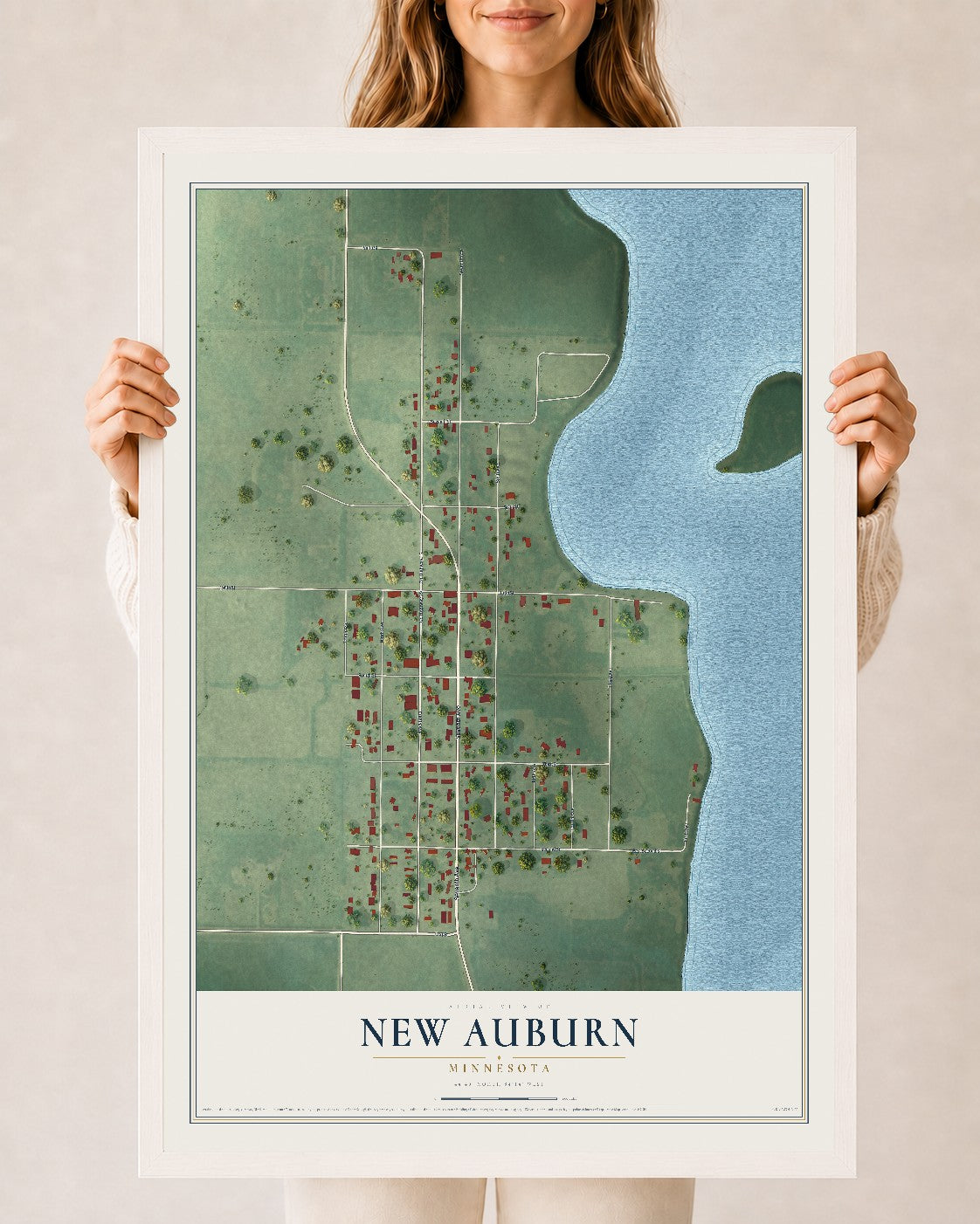 Map of New Auburn, Minnesota, 24 x 36 inch print in a white wood frame