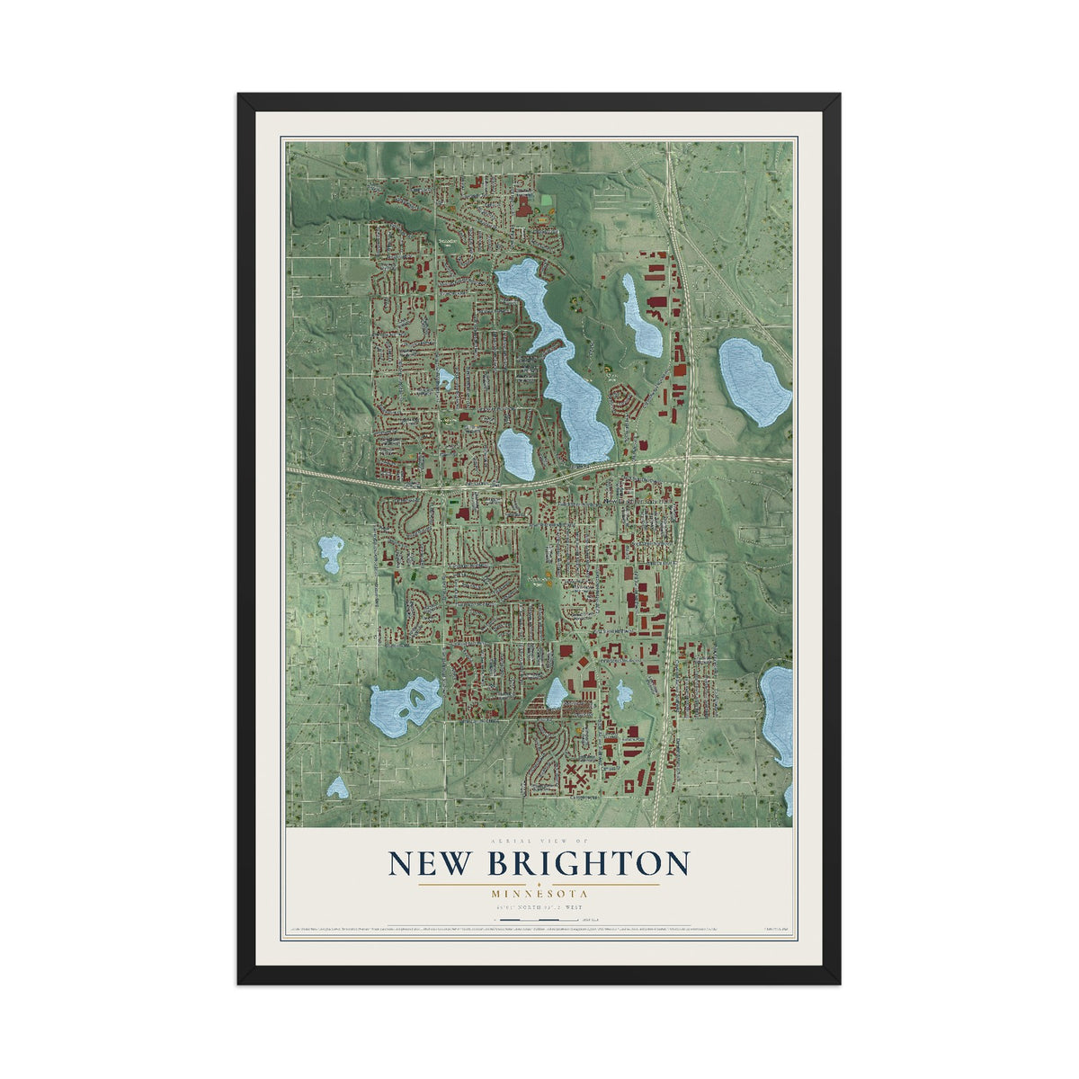 Map of New Brighton, Minnesota, 12 x 18 inch print in a black wood frame