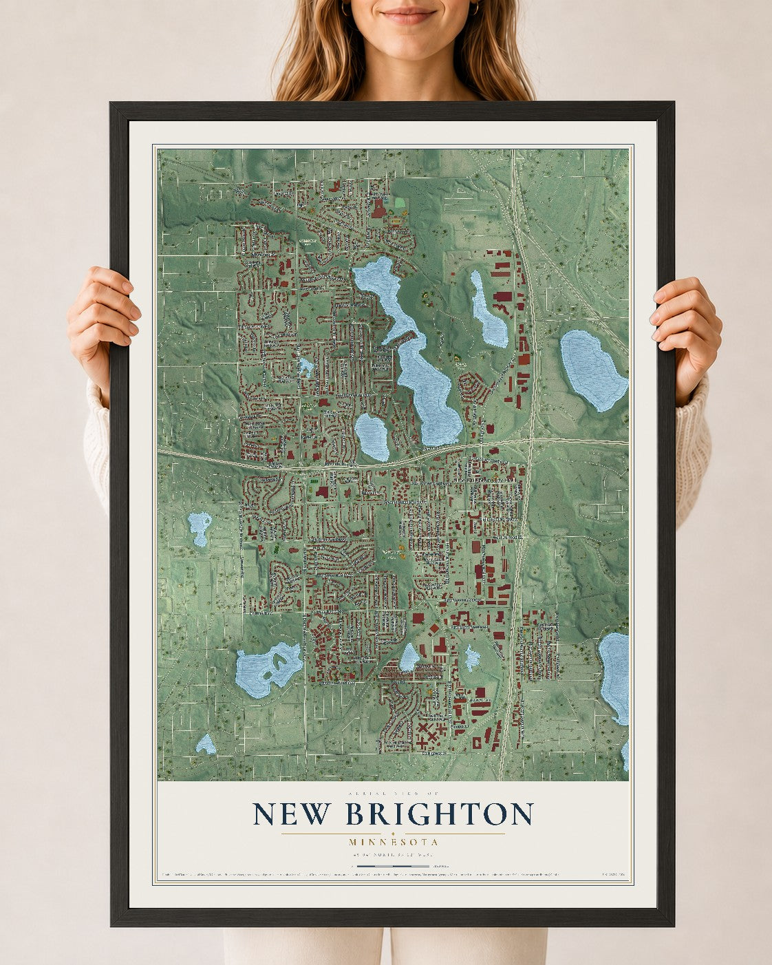 Map of New Brighton, Minnesota, 24 x 36 inch print in a black wood frame