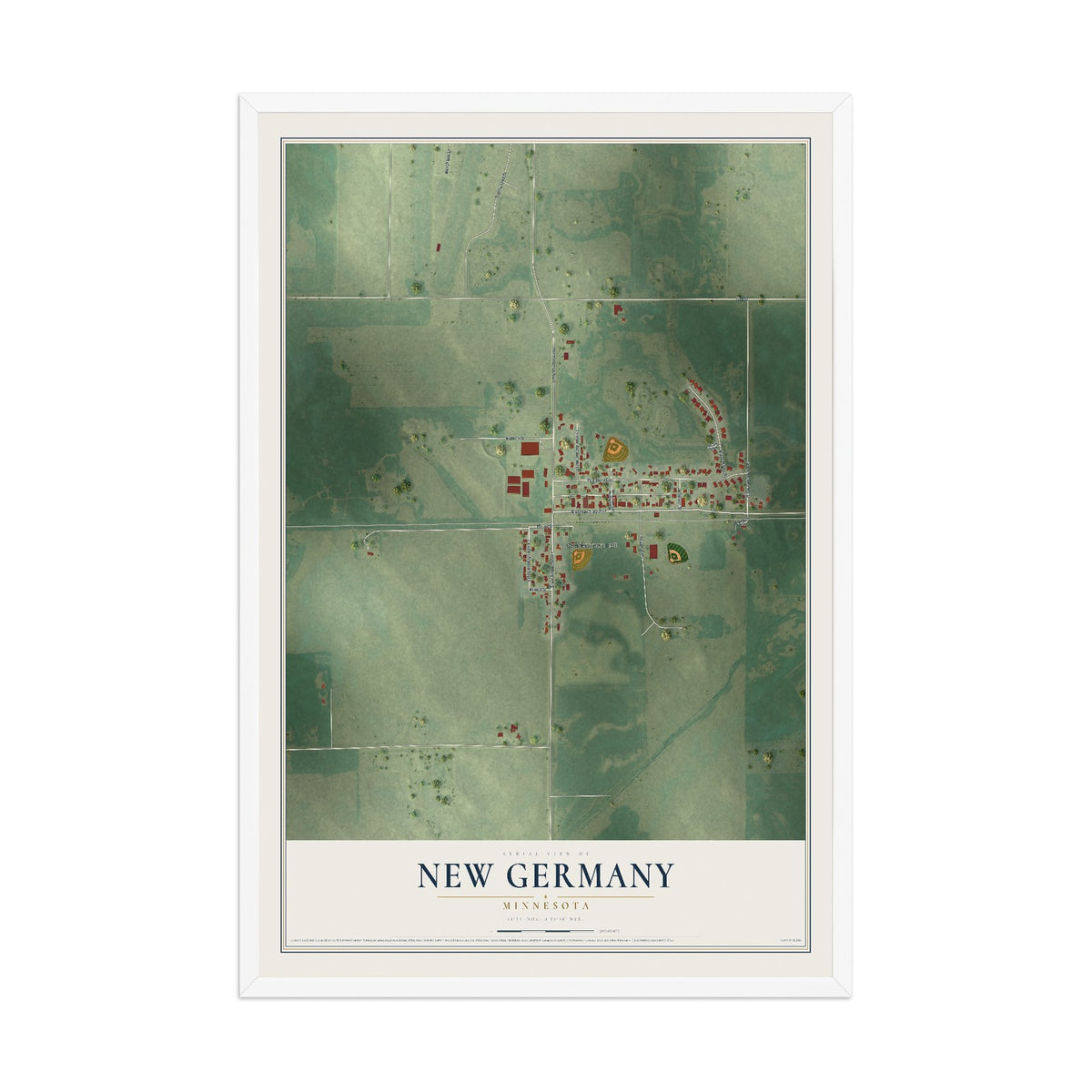 Map of New Germany, Minnesota, 12 x 18 inch print in a white wood frame