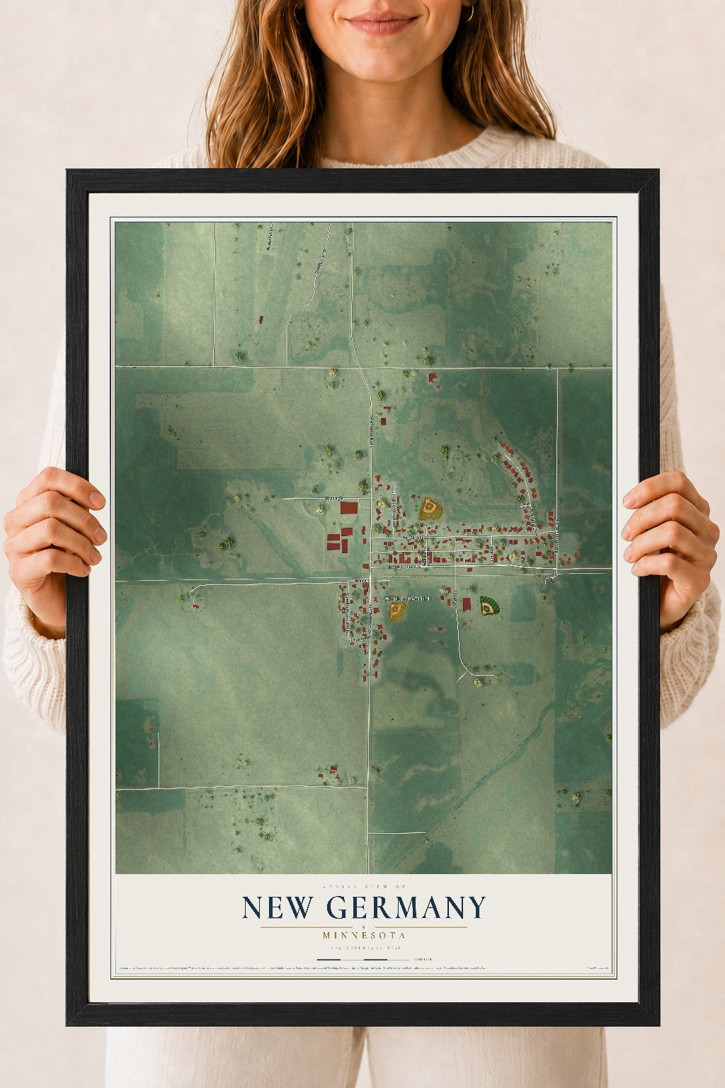 Map of New Germany, Minnesota, 18 x 24 inch print in a black wood frame