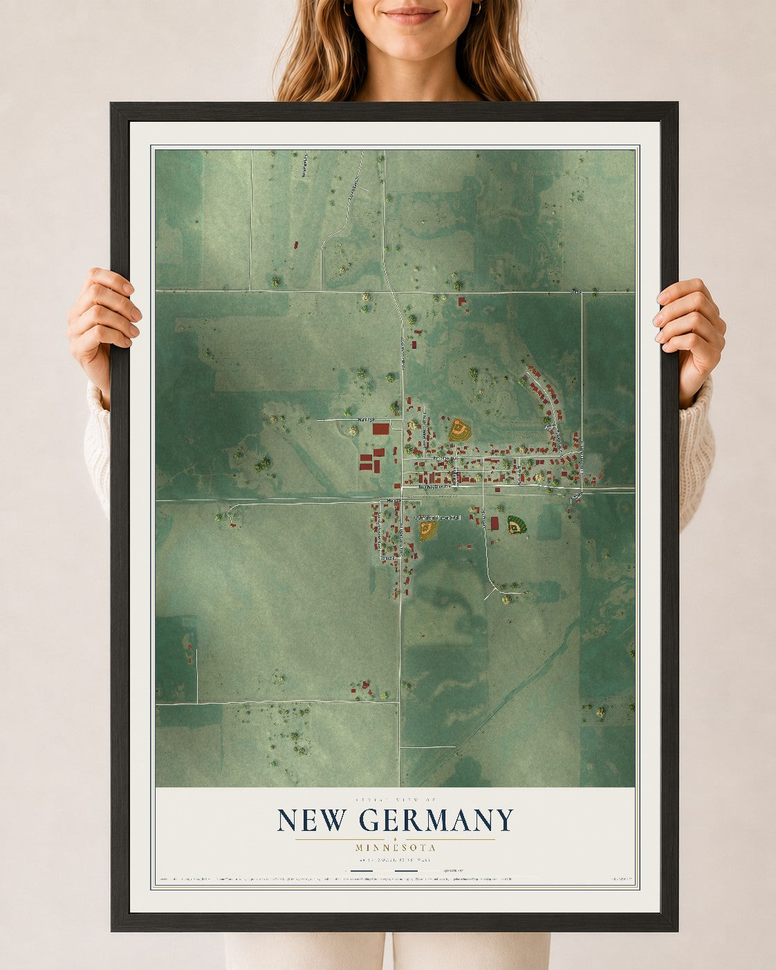 Map of New Germany, Minnesota, 24 x 36 inch print in a black wood frame