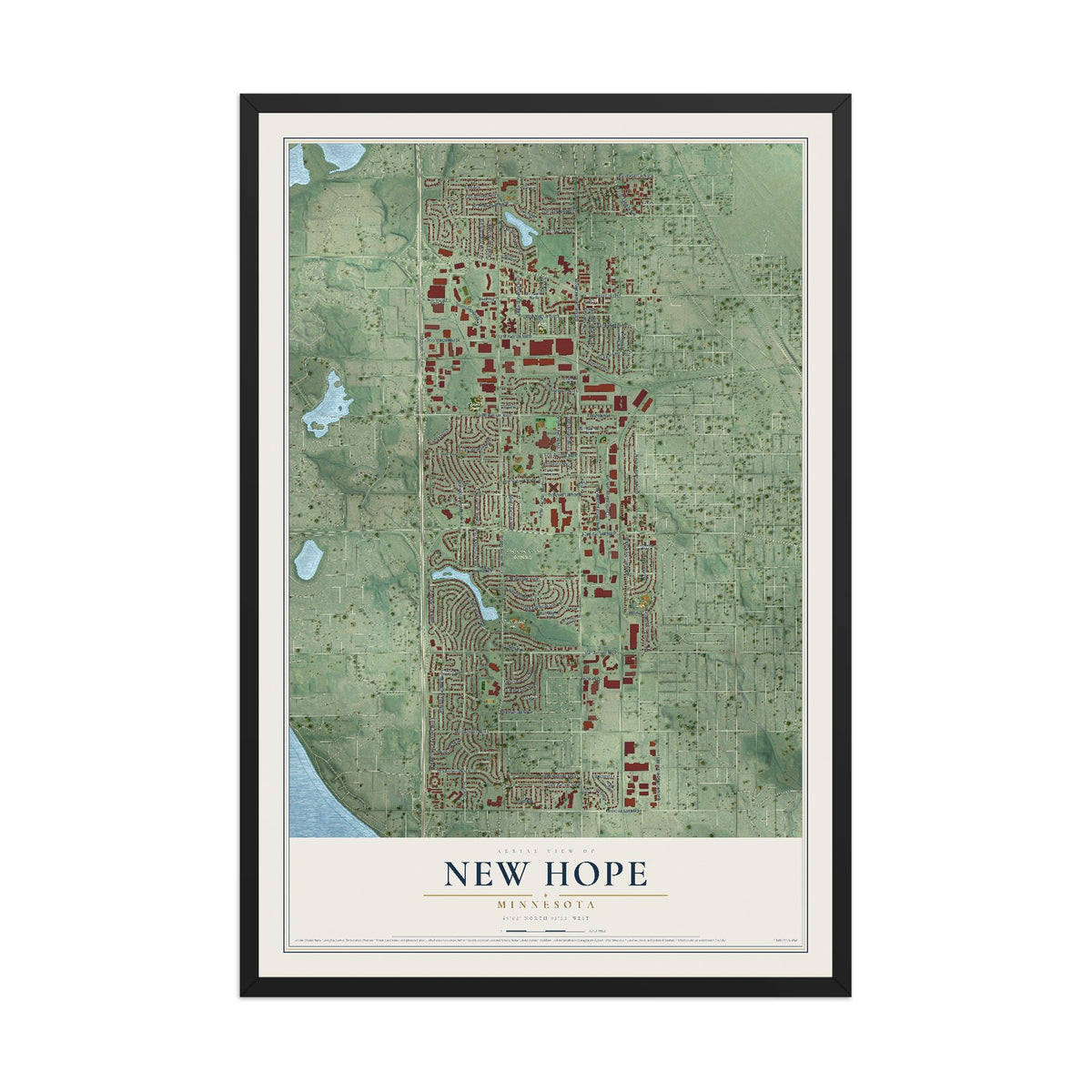 Map of New Hope, Minnesota, 12 x 18 inch print in a black wood frame