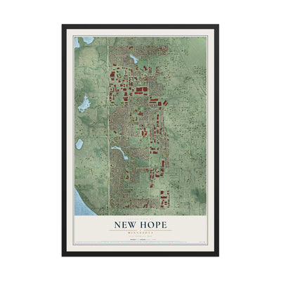 Map of New Hope, Minnesota, 12 x 18 inch print in a black wood frame