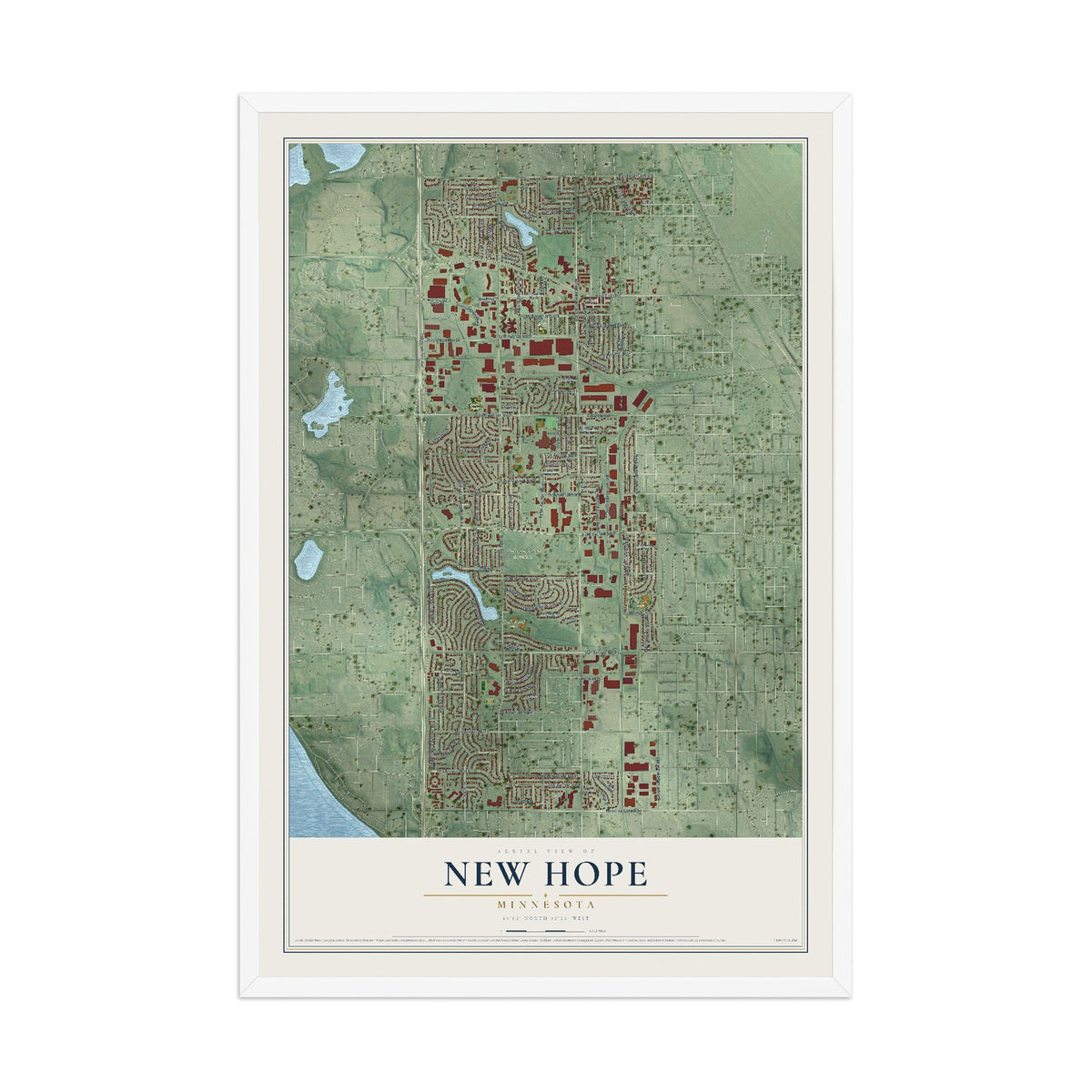 Map of New Hope, Minnesota, 12 x 18 inch print in a white wood frame