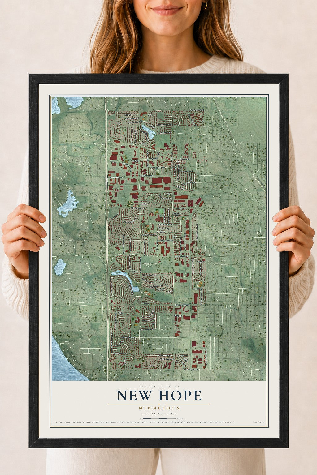 Map of New Hope, Minnesota, 18 x 24 inch print in a black wood frame