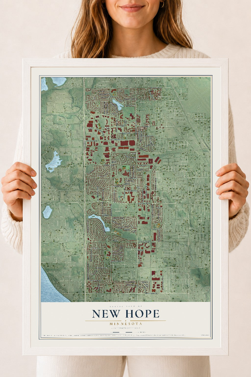 Map of New Hope, Minnesota, 18 x 24 inch print in a white wood frame