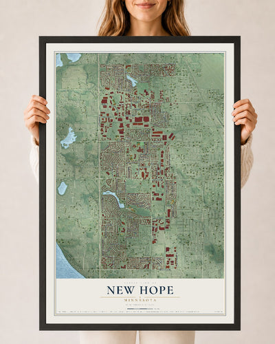Map of New Hope, Minnesota, 24 x 36 inch print in a black wood frame
