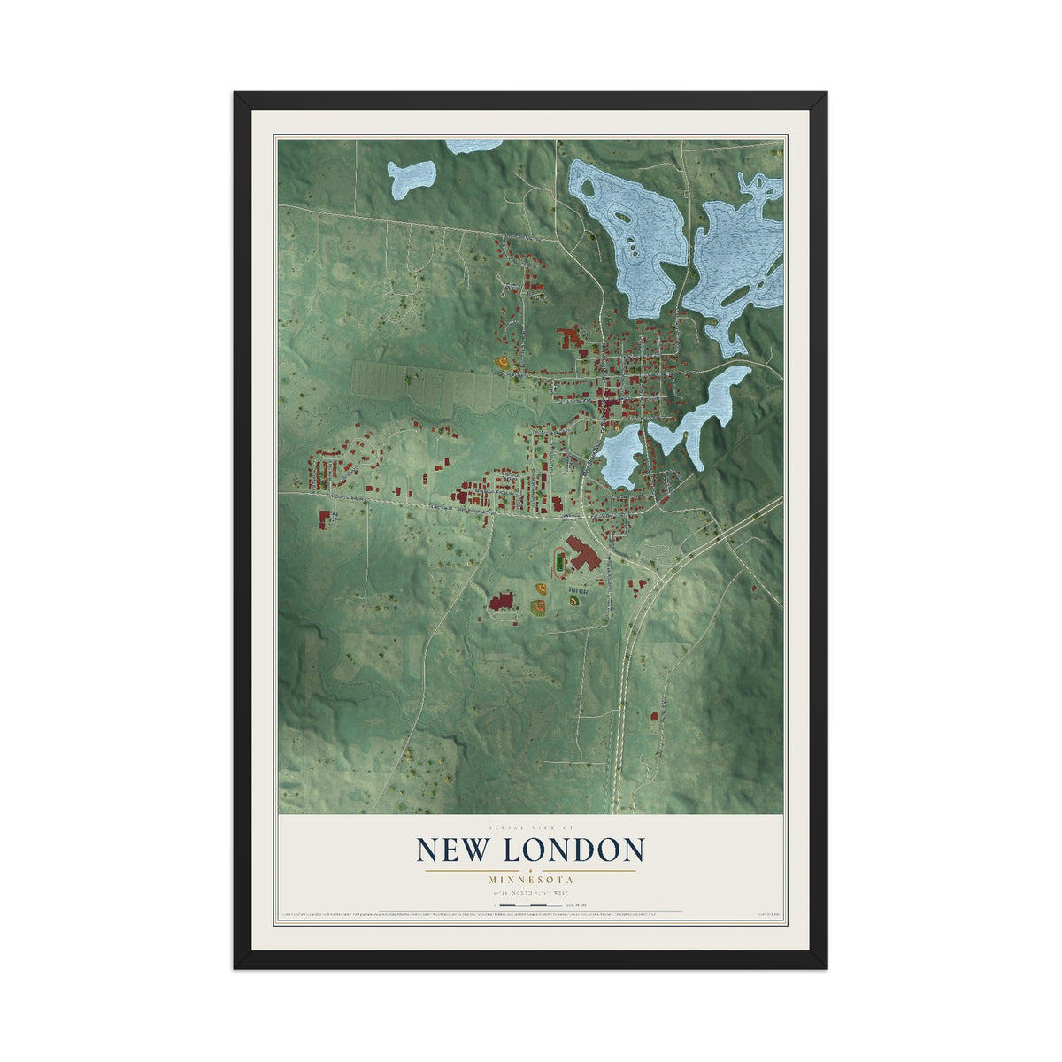 Map of New London, Minnesota, 12 x 18 inch print in a black wood frame