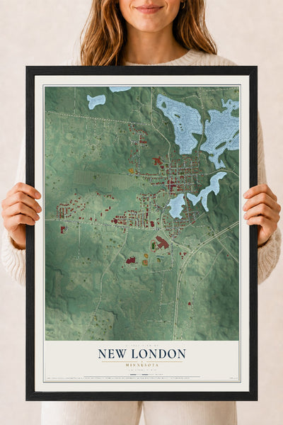 Map of New London, Minnesota, 18 x 24 inch print in a black wood frame