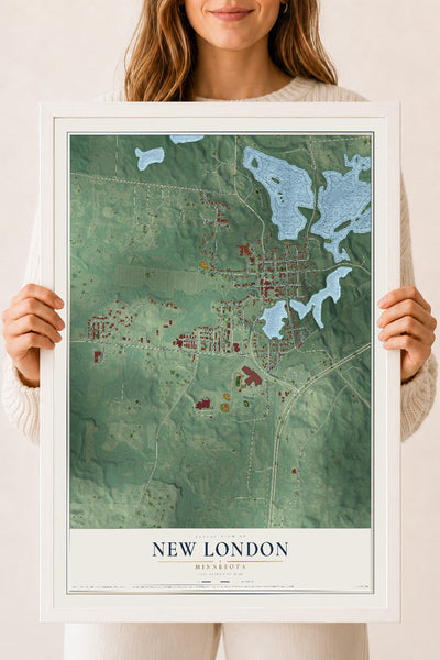 Map of New London, Minnesota, 18 x 24 inch print in a white wood frame