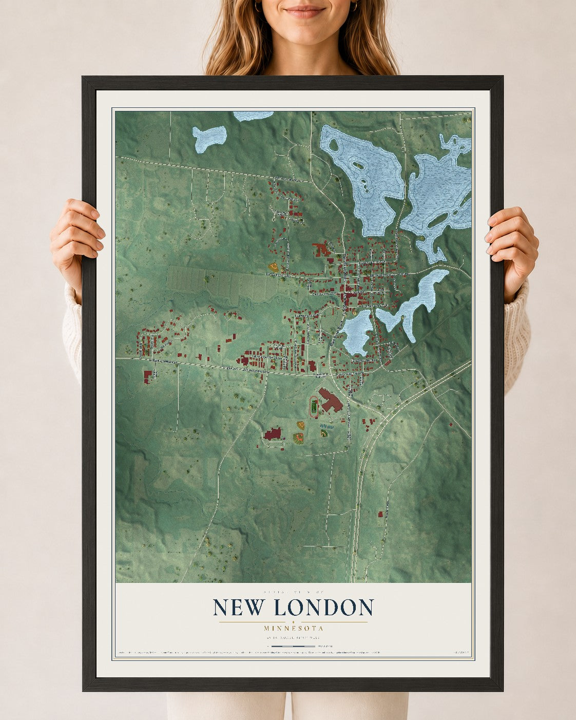 Map of New London, Minnesota, 24 x 36 inch print in a black wood frame