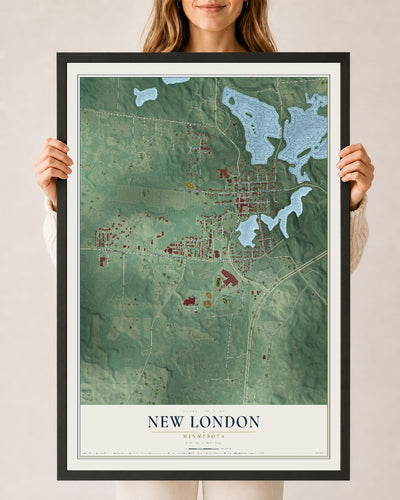 Map of New London, Minnesota, 24 x 36 inch print in a black wood frame