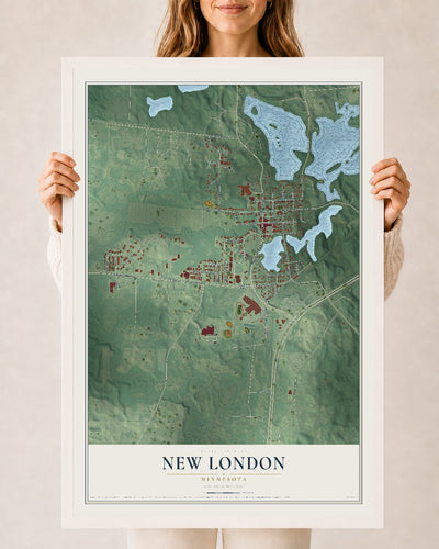 Map of New London, Minnesota, 24 x 36 inch print in a white wood frame
