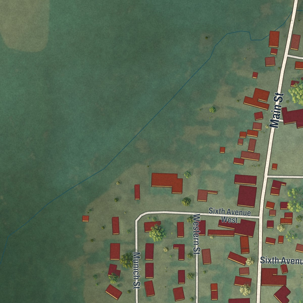 Second close-up of the map of New Munich, Minnesota print showing more streets and buildings