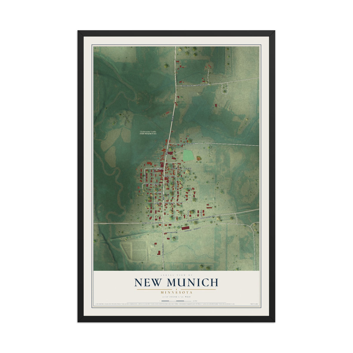 Map of New Munich, Minnesota, 12 x 18 inch print in a black wood frame