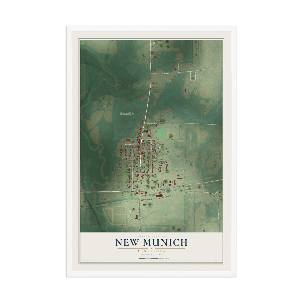 Map of New Munich, Minnesota, 12 x 18 inch print in a white wood frame