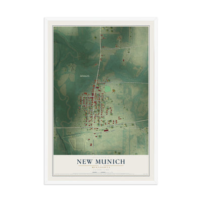 Map of New Munich, Minnesota, 12 x 18 inch print in a white wood frame
