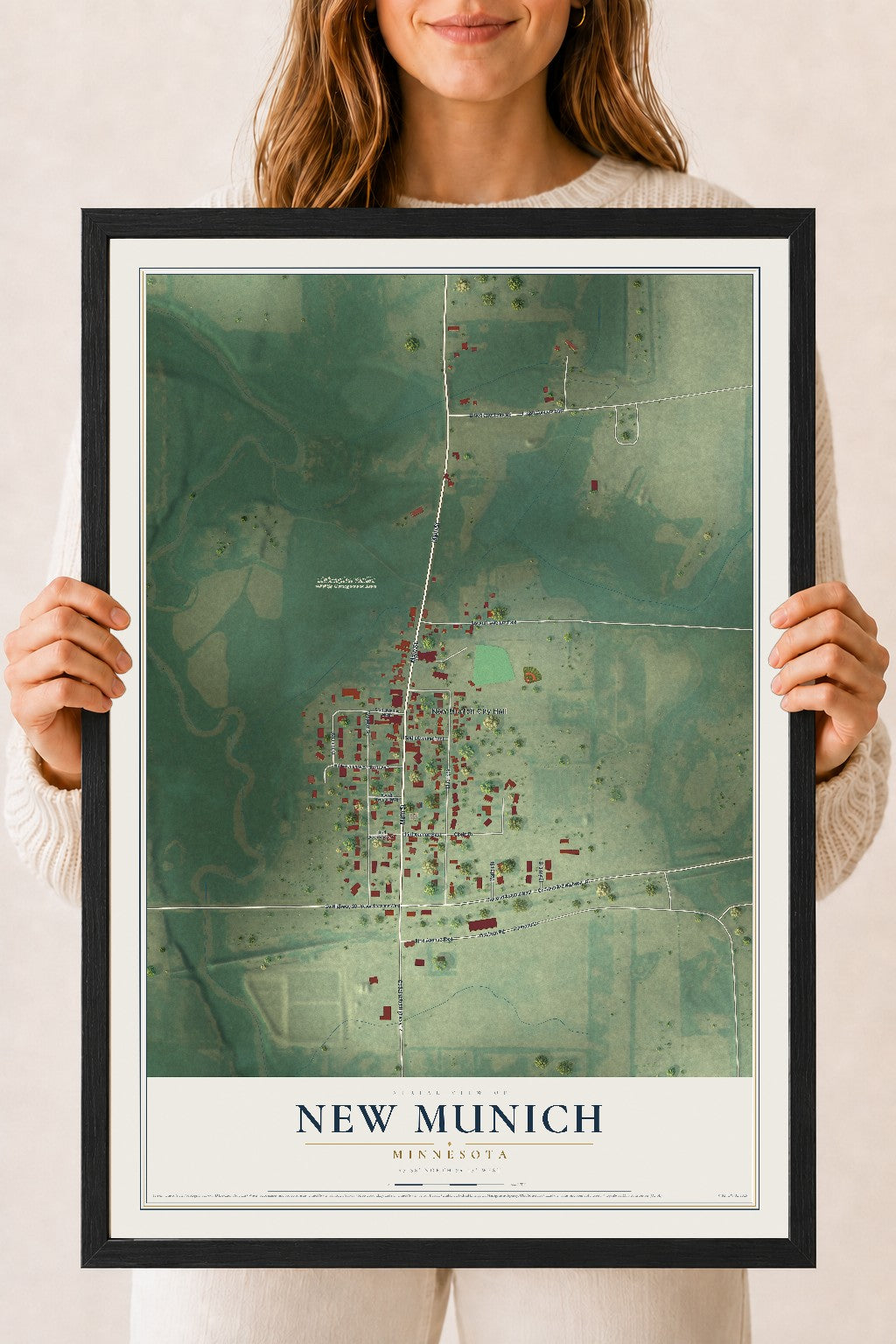 Map of New Munich, Minnesota, 18 x 24 inch print in a black wood frame