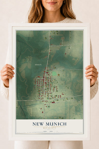 Map of New Munich, Minnesota, 18 x 24 inch print in a white wood frame
