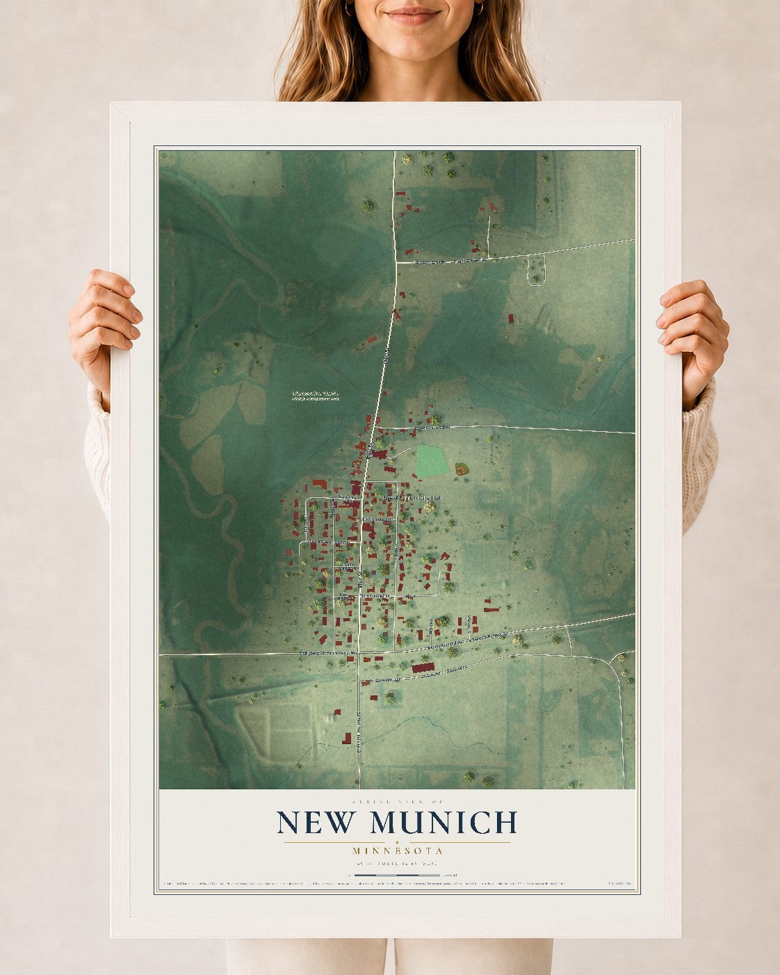 Map of New Munich, Minnesota, 24 x 36 inch print in a white wood frame