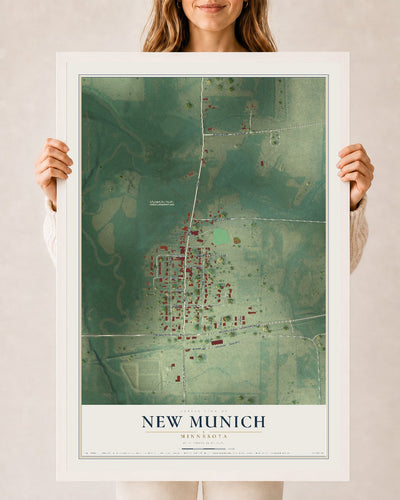 Map of New Munich, Minnesota, 24 x 36 inch print in a white wood frame