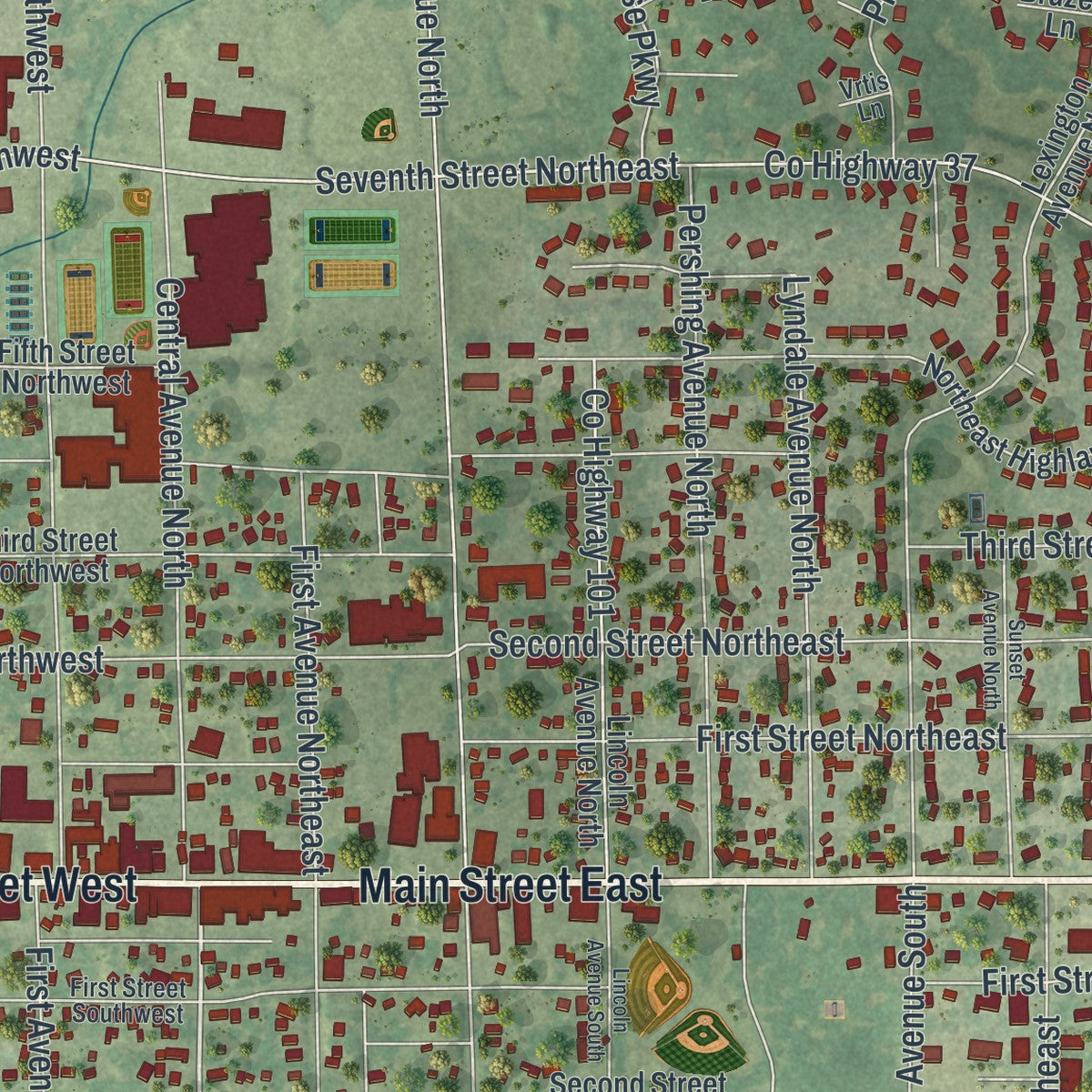 Close-up of the map of New Prague, Minnesota print showing street and building detail