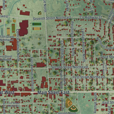 Close-up of the map of New Prague, Minnesota print showing street and building detail