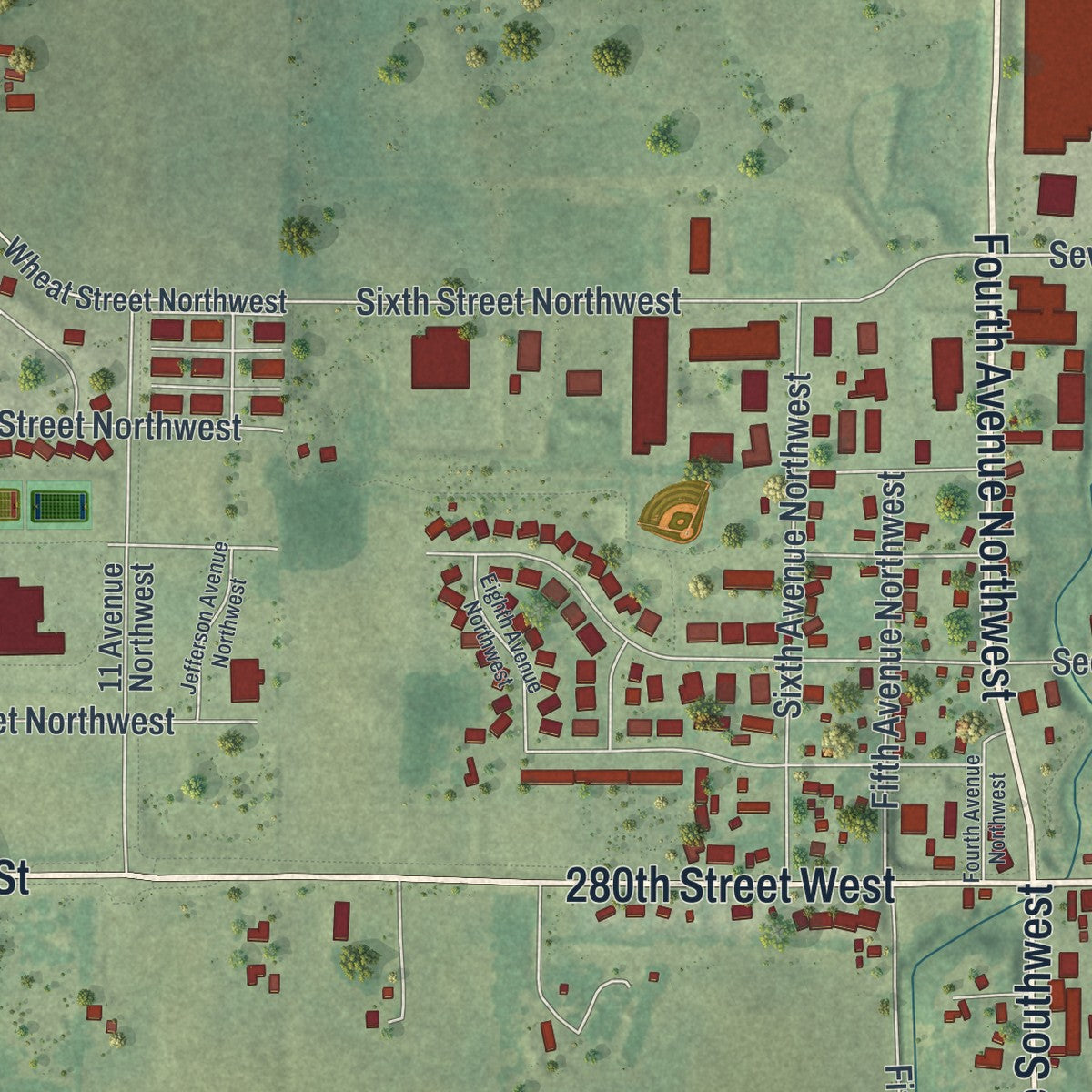 Second close-up of the map of New Prague, Minnesota print showing more streets and buildings
