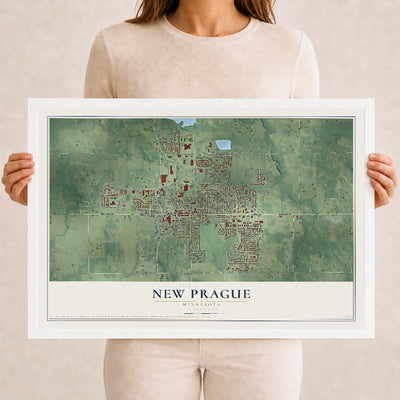 Map of New Prague, Minnesota, 12 x 18 inch print in a white wood frame