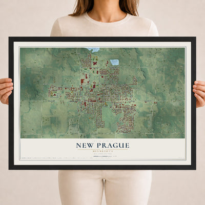 Map of New Prague, Minnesota, 18 x 24 inch print in a black wood frame