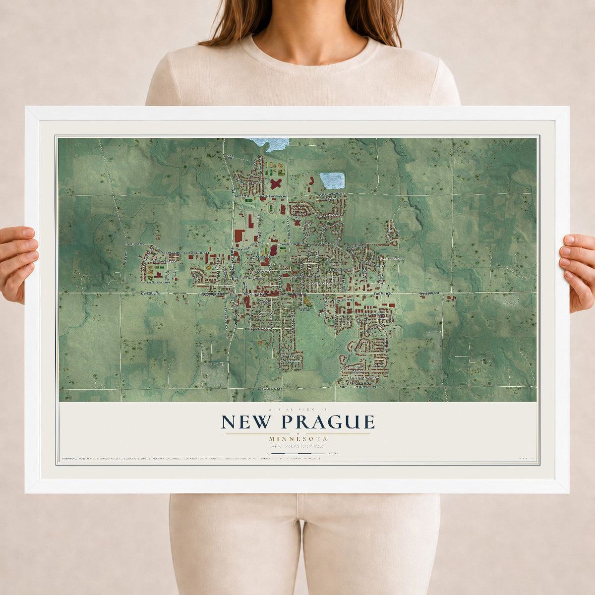 Map of New Prague, Minnesota, 18 x 24 inch print in a white wood frame