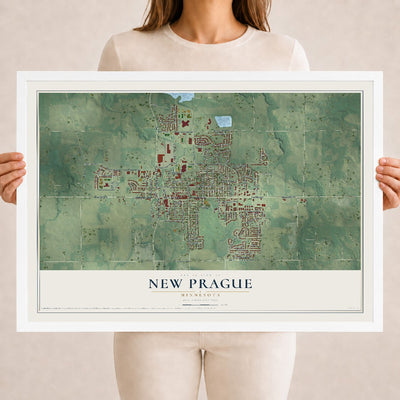 Map of New Prague, Minnesota, 18 x 24 inch print in a white wood frame