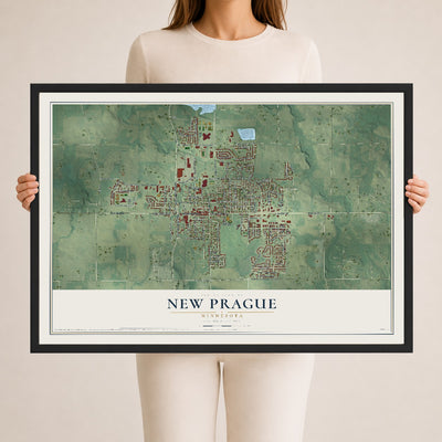 Map of New Prague, Minnesota, 24 x 36 inch print in a black wood frame