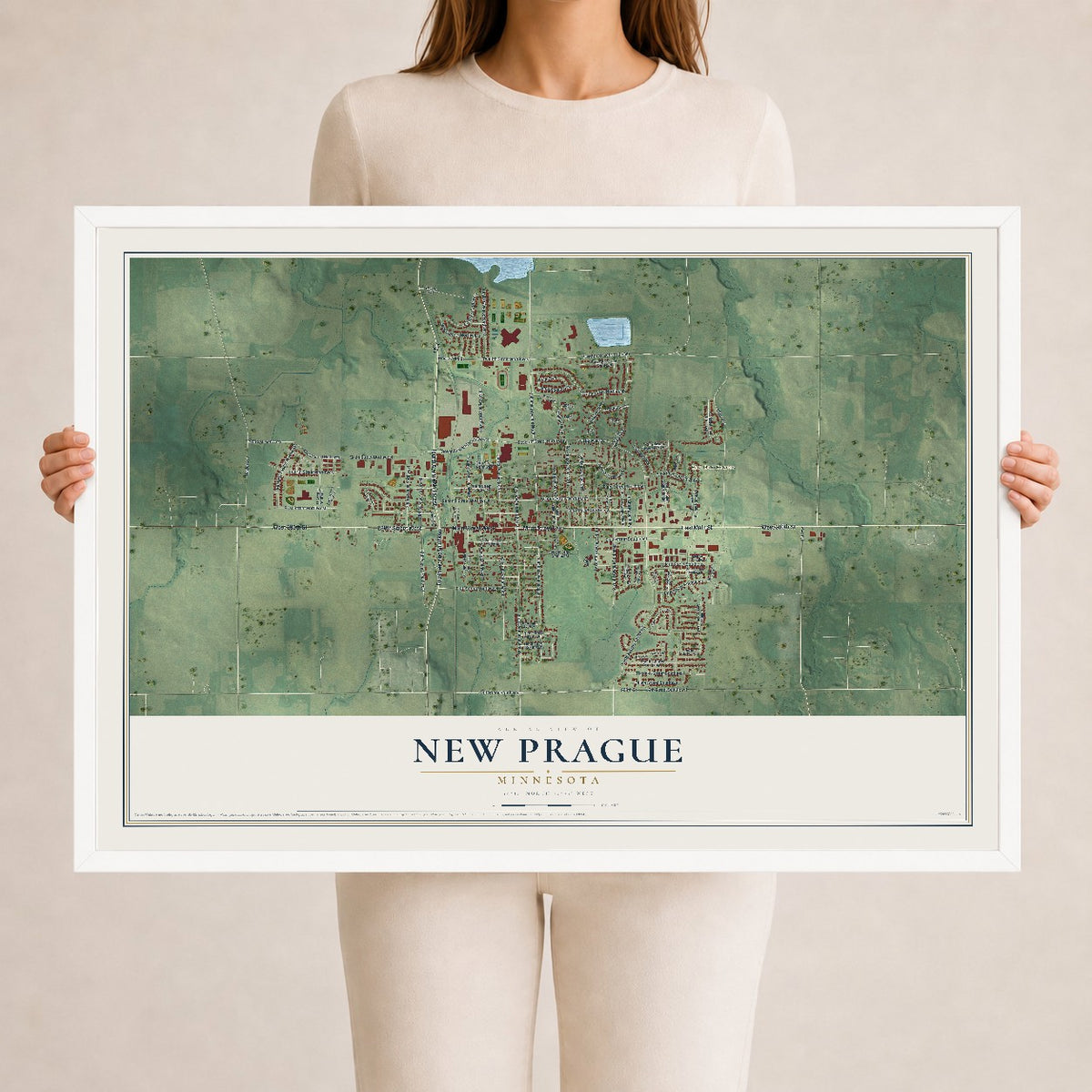 Map of New Prague, Minnesota, 24 x 36 inch print in a white wood frame