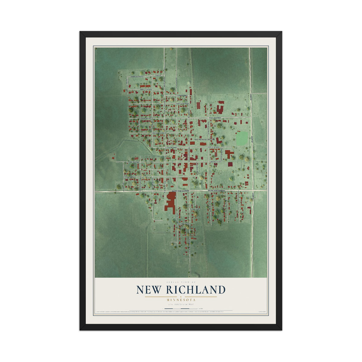 Map of New Richland, Minnesota, 12 x 18 inch print in a black wood frame