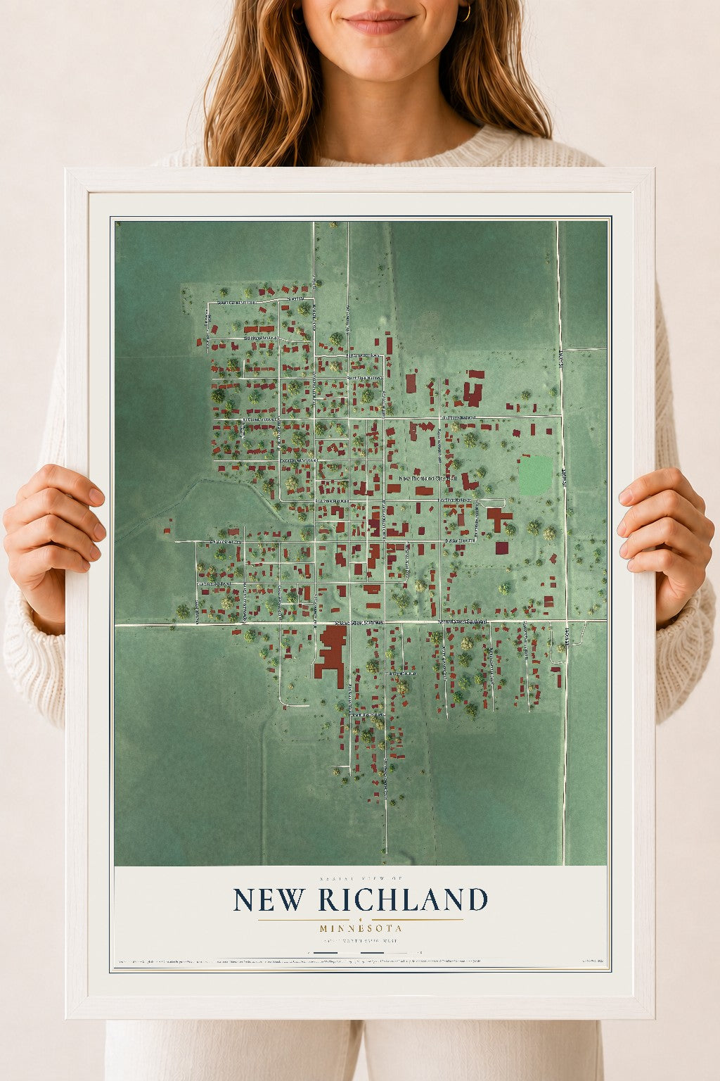 Map of New Richland, Minnesota, 18 x 24 inch print in a white wood frame