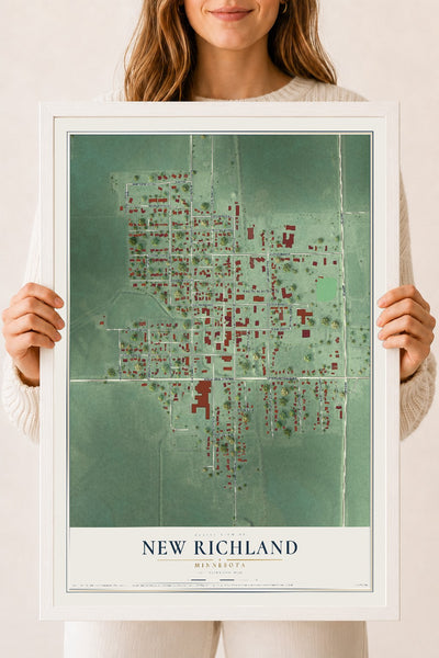 Map of New Richland, Minnesota, 18 x 24 inch print in a white wood frame