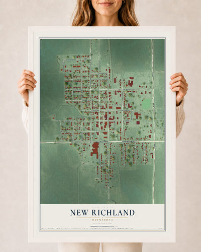 Map of New Richland, Minnesota, 24 x 36 inch print in a white wood frame
