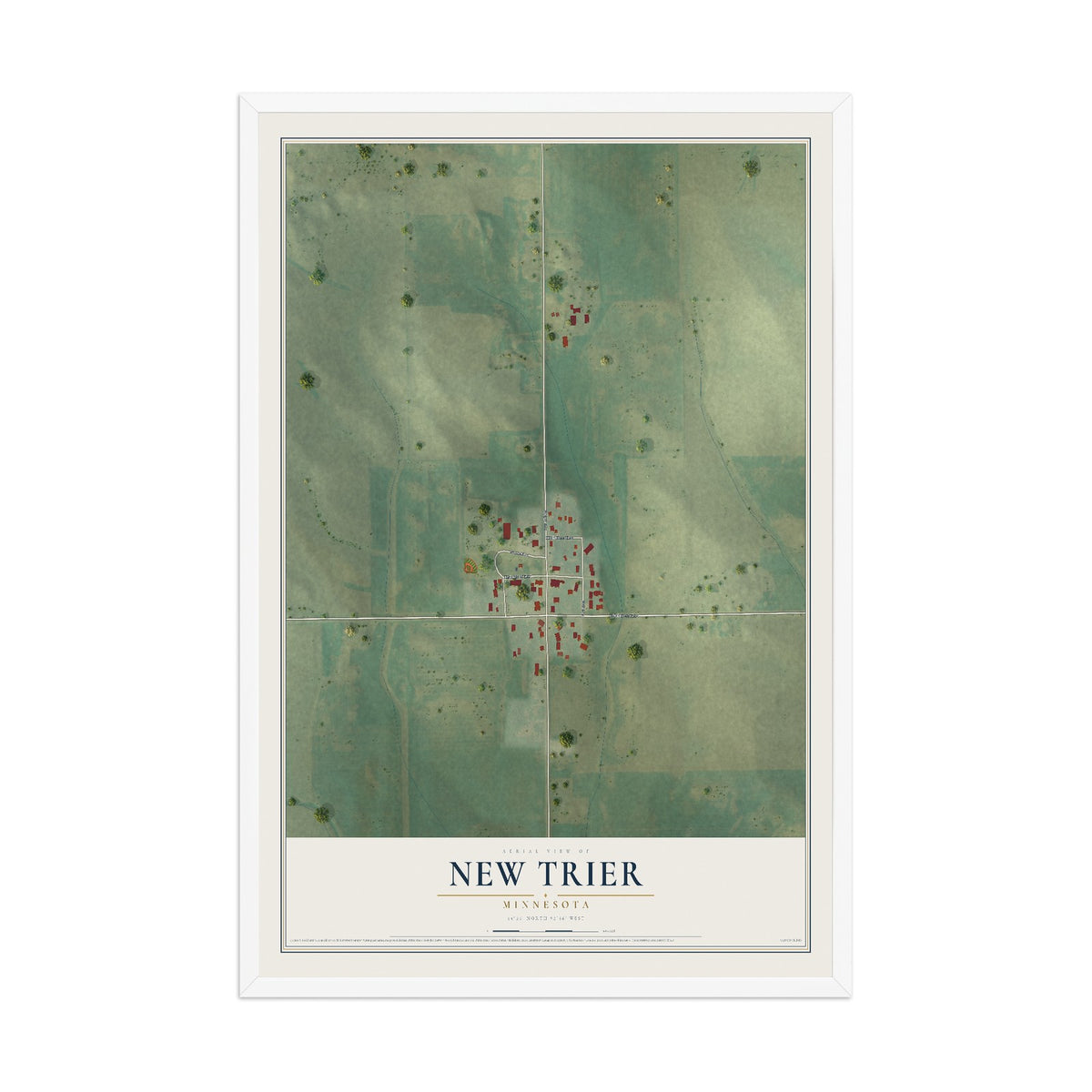 Map of New Trier, Minnesota, 12 x 18 inch print in a white wood frame