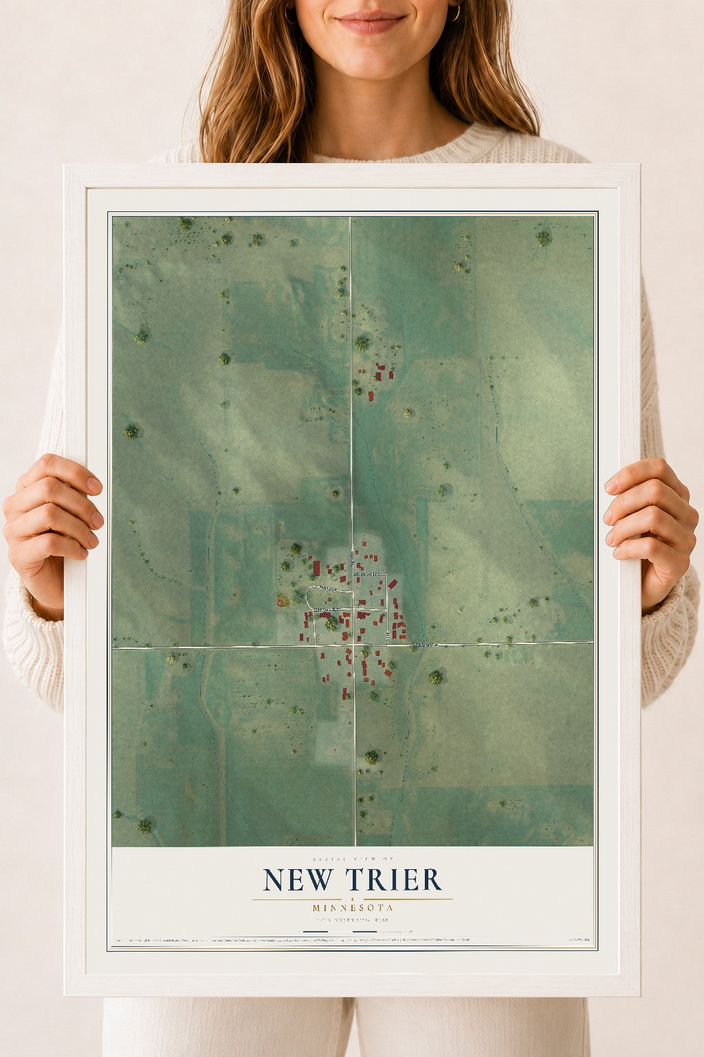 Map of New Trier, Minnesota, 18 x 24 inch print in a white wood frame