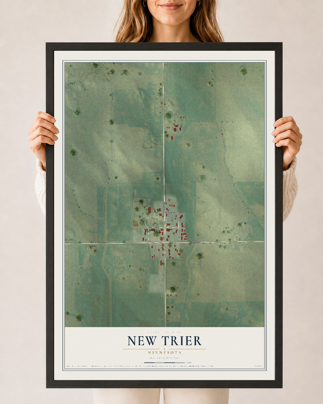 Map of New Trier, Minnesota, 24 x 36 inch print in a black wood frame